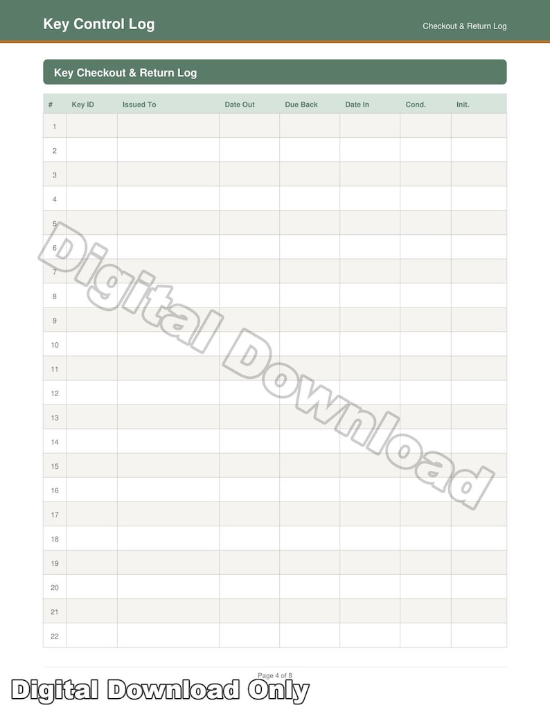 Key Control Log Printable | Professional Key Tracker for Business ...