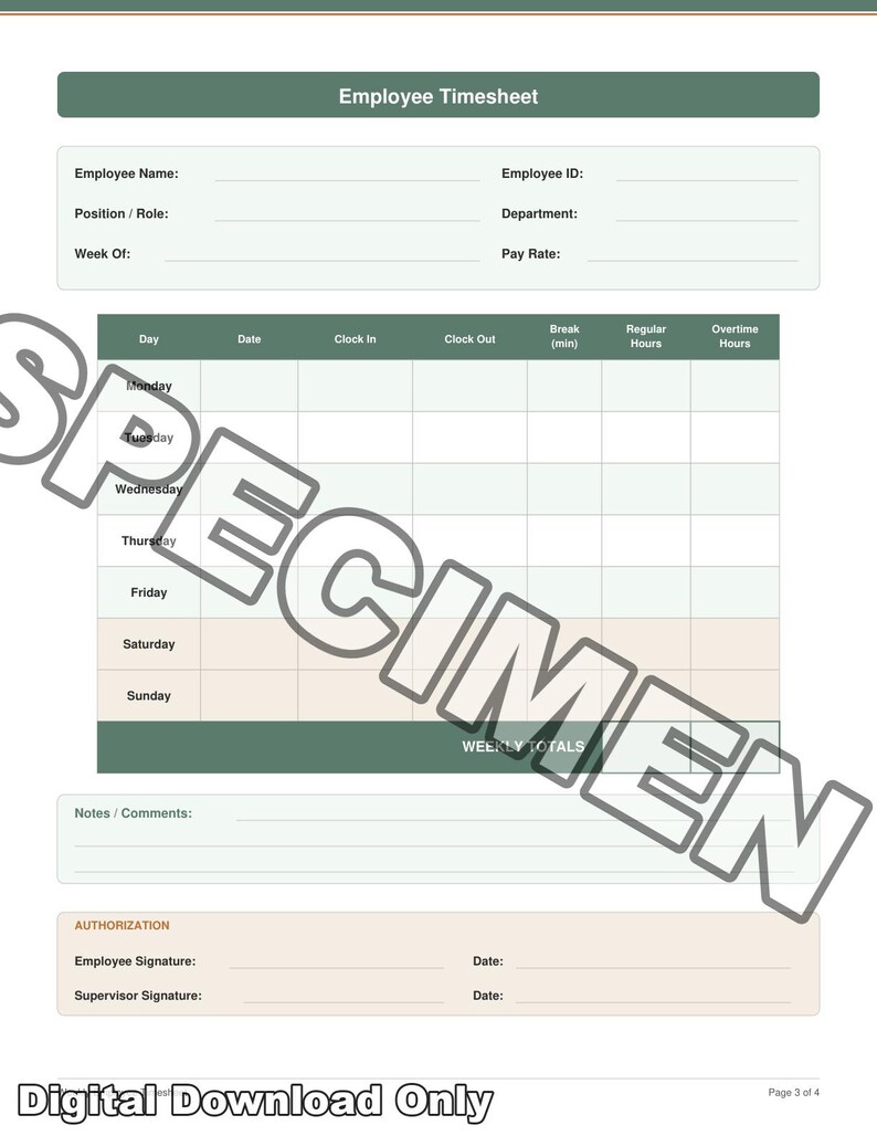 Weekly Employee Timesheet PDF Printable | Small Business Payroll ...