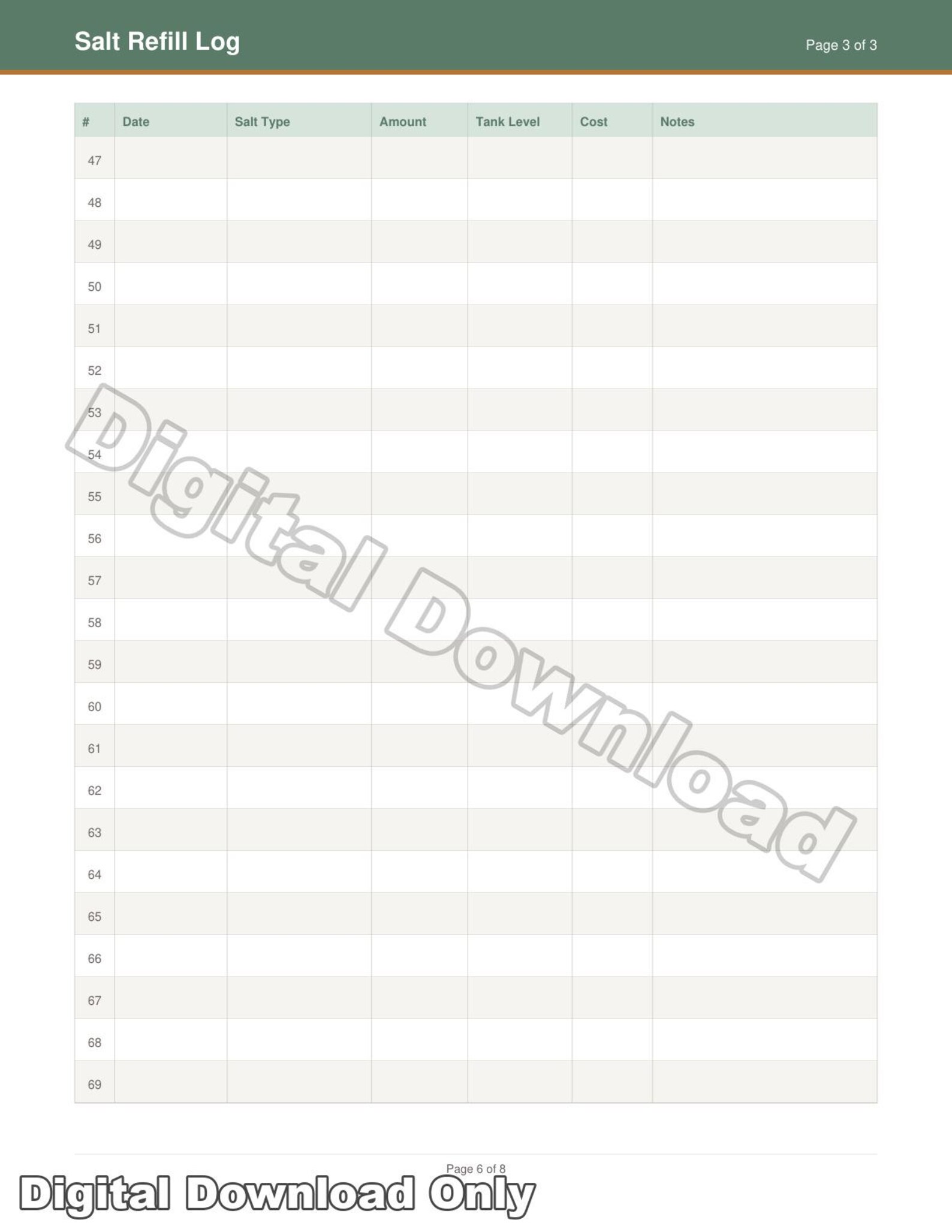 Refill Roster Log Water Softener Salt Refill Log | Printable Maintenance Tracker & Resin ...
