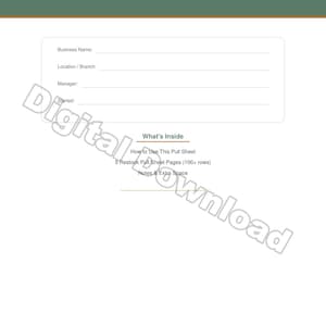 Może przedstawiać: Cyfrowe pobranie arkusza wyciągu z zapasów w zapleczu. Arkusz zawiera sekcje na nazwę firmy, lokalizację/oddział i menedżera. Dokument zawiera również instrukcję obsługi arkusza, 5 stron arkusza wyciągu i dodatkowe miejsce na notatki.