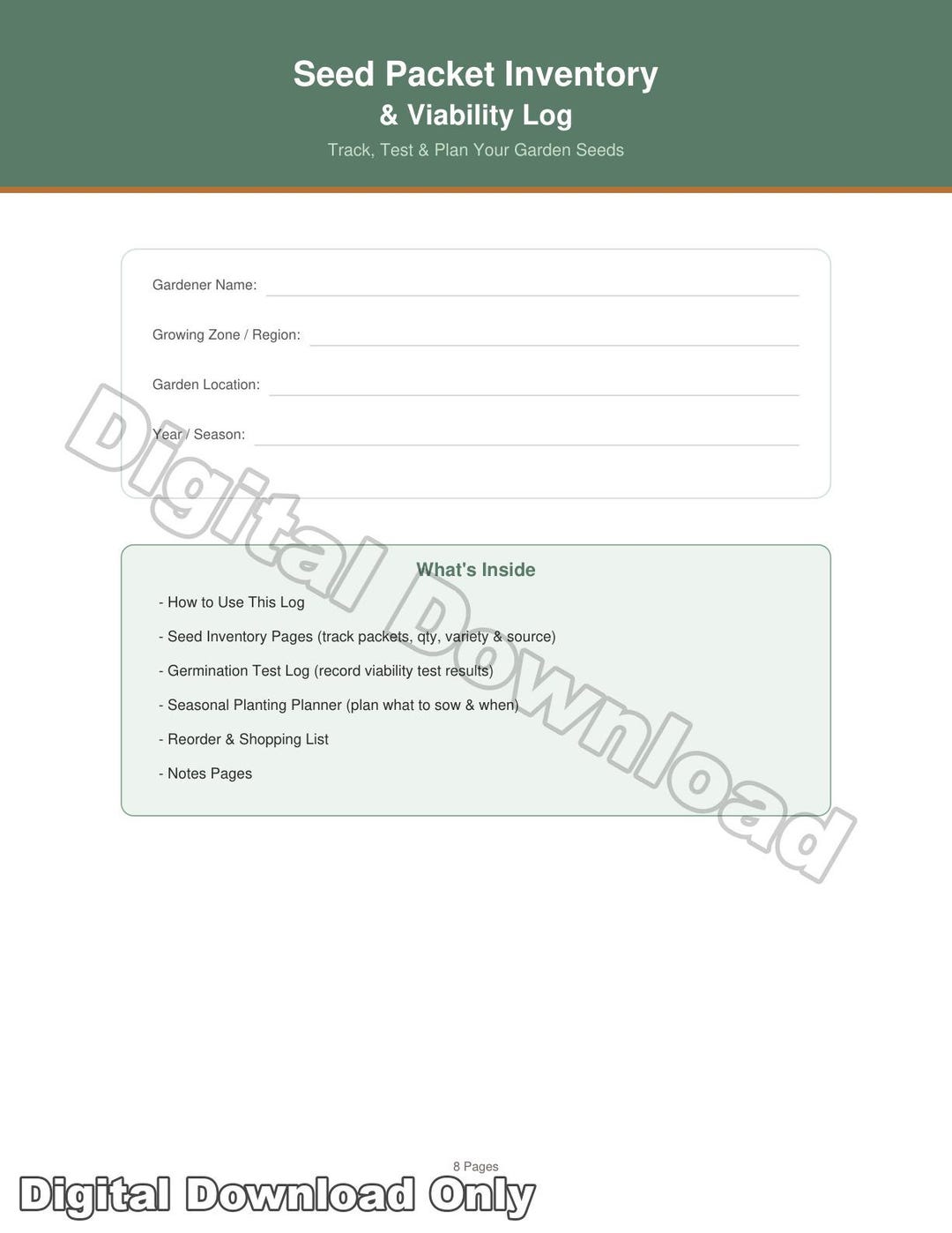 Seed Packet Inventory and Germination Viability Log | 8-page Printable ...