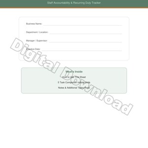 May include: A digital download sheet titled "Task Completion Initials Sheet" with a green header. The sheet includes fields for business name, department, manager, and effective date. It also lists the contents: How to Use This Sheet, 5 Task Completion Initials Grids, and Notes & Additional Tasks Page.
