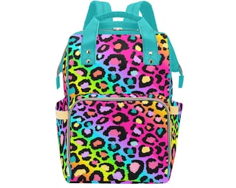 Baby Bag, Diaper Bag, Multi-Function Backpack, Overnight Bag, Mummy Bag, Mommy Bag, Nappy Bag, Baby Shower Gift, Rainbow Leopard Print Bag