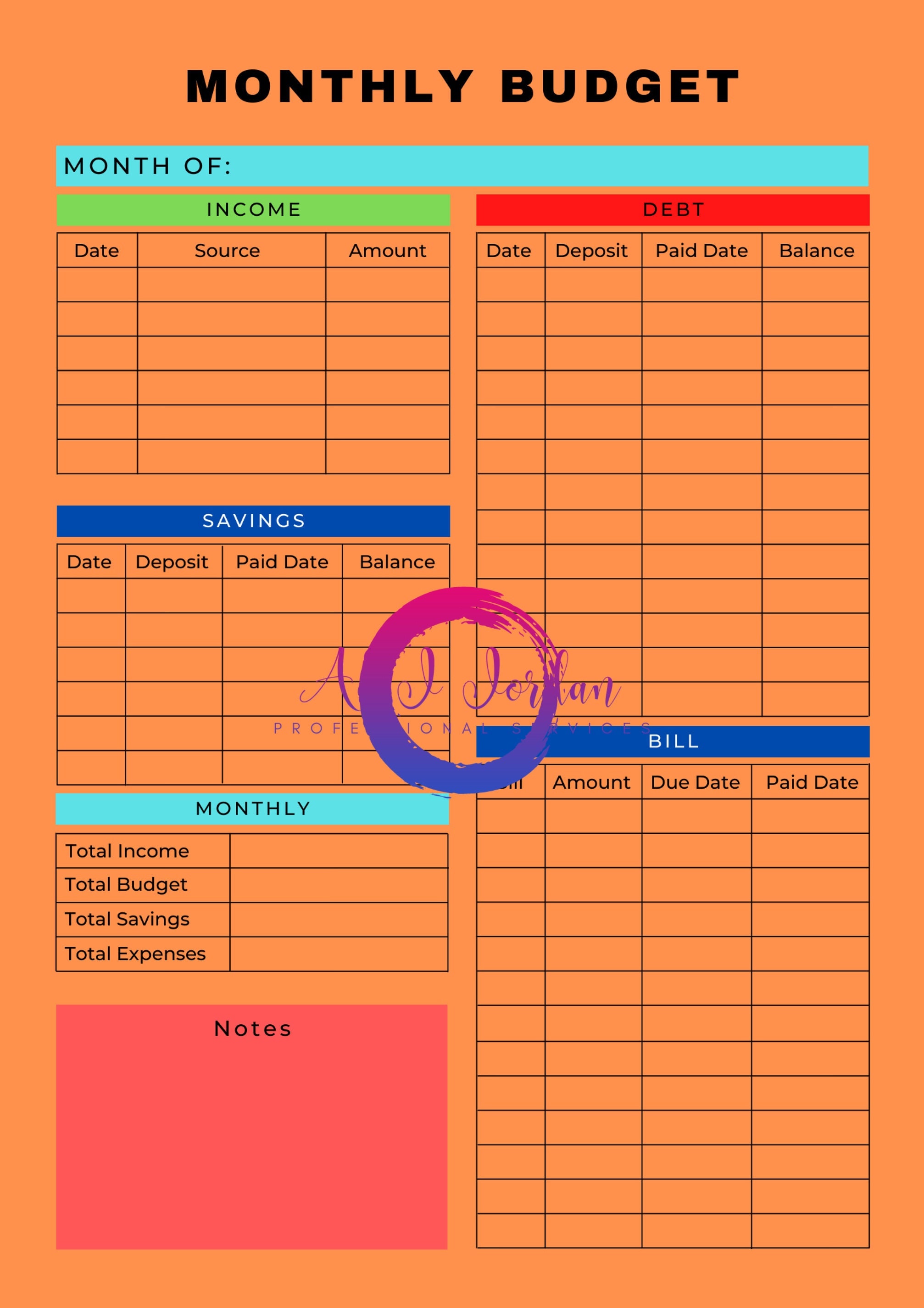 Monthly Budget Planner Printable, Monthly Bills Tracker, Paycheck