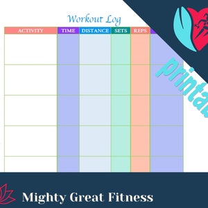 Puede incluir: Un registro de entrenamiento imprimible con un esquema de color azul, verde y rosa. El registro tiene columnas para la actividad, el tiempo, la distancia, las series y las repeticiones. Los días de la semana están listados en el lado izquierdo del registro.