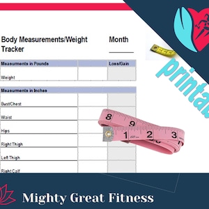 Könnte beinhalten: Ein druckbarer Tracker für Körpermaße und Gewicht mit einem rosa Maßband, einem blauen und türkisfarbenen Herzen mit einer laufenden Figur und dem Text "Mighty Great Fitness".