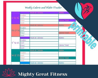 Weekly Calorie Tracker, Printable, Meal tracker, Counting calories