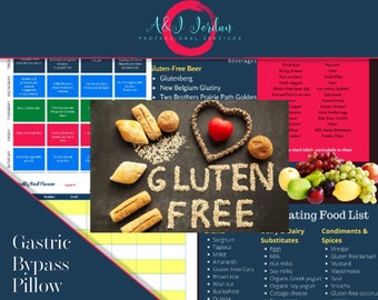 May include: A graphic with the words "Gluten Free" spelled out in brown grains on a black background. A heart shape is formed with red and white grains. A list of gluten-free foods and beverages is included.