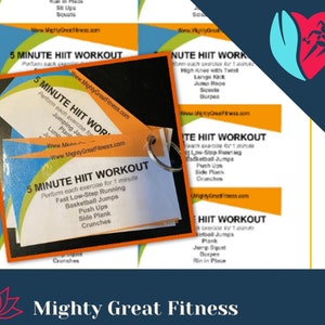 5 Minute HIIT Workout Cards Keychain, High intensity interval training, workout guide, colorful, bright, portable, handy, gym friendly image 1