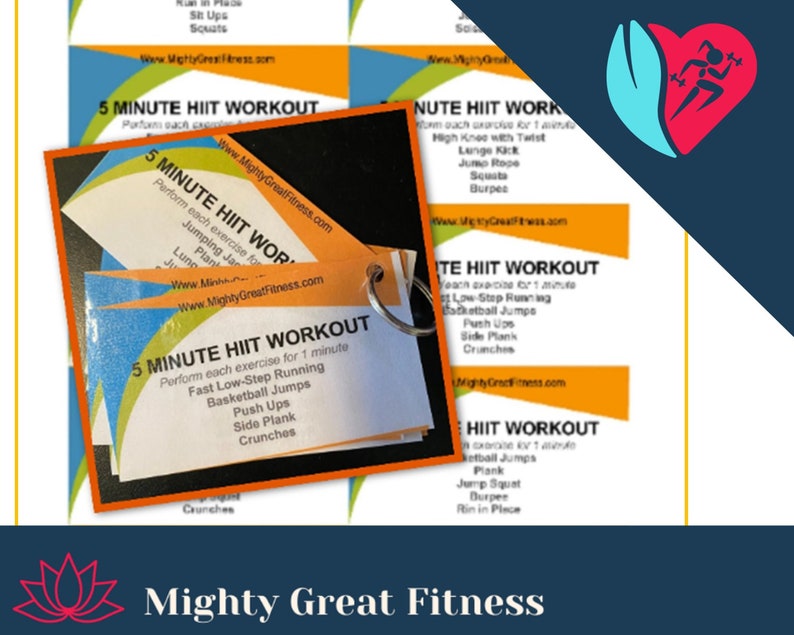 5 Minute HIIT Workout Cards Keychain, High intensity interval training, workout guide, colorful, bright, portable, handy, gym friendly image 1