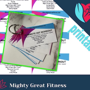 May include: A set of printable 10-minute HIIT workout cards with a key ring. The cards are pink, blue, and white with black text. The text on the cards reads "10-Minute HIIT Workout" and lists different exercises, such as "Fast Low-Step Running", "High Knee with Twist", "Reverse Crunch", "Squats", and "Jump Rope".