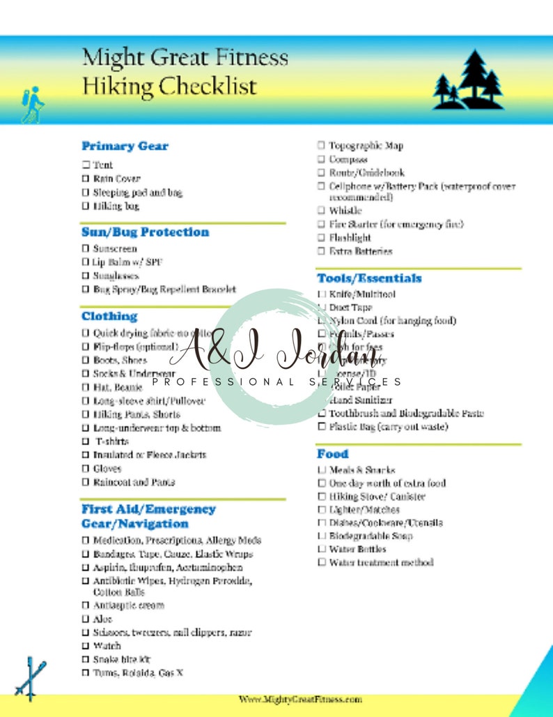 Hiking Checklist, What to Pack, Preparedness List, Printable, Hiking