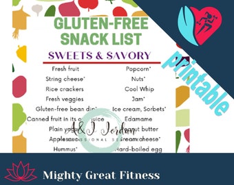 Könnte beinhalten: Eine druckbare glutenfreie Snackliste mit einem bunten Hintergrund aus Obst und Gemüse. Die Liste ist in zwei Kategorien unterteilt: Süß & Herzhaft. Die Liste enthält Artikel wie frisches Obst, String Cheese, Reiscracker, frisches Gemüse, Popcorn, Nüsse, Cool Whip, Marmelade, Eiscreme, Sorbets, Edamame, Nussbutter, Frischkäse und hartgekochte Eier.