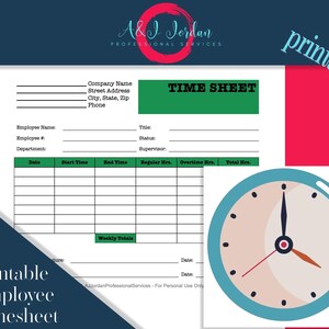 May include: A printable time sheet template with a green header that says "TIME SHEET". The template includes sections for employee information, date, start time, end time, regular hours, overtime hours, and total hours. There is also a section for weekly totals. The template is designed for personal use only.