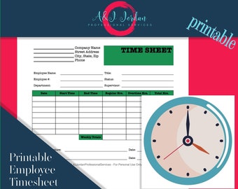 Employee Timesheet. Printable Timesheet. Time Card. Time Tracker. Work Log. Time Log, Clock In, Punch the clock