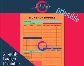 May include: A printable monthly budget worksheet with sections for income, debt, savings, bills, and monthly totals. The worksheet is on a peach background with blue, green, and red accents.