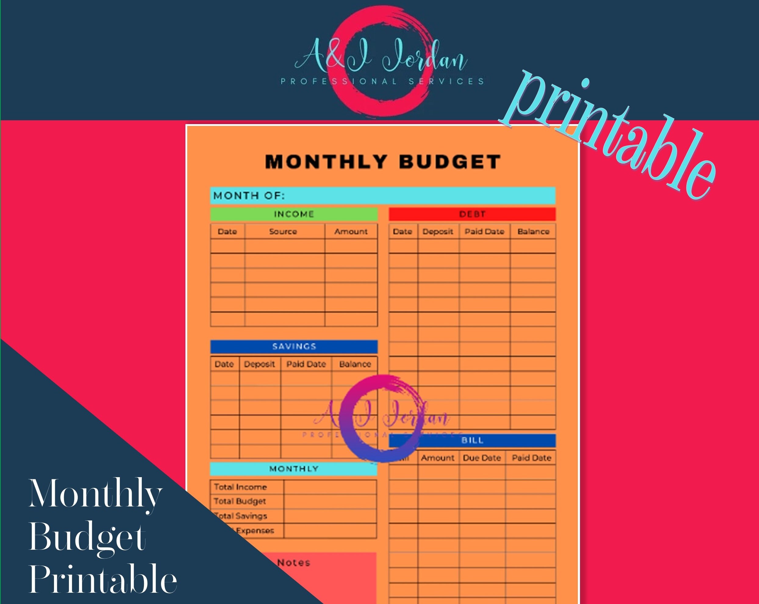 Monthly Budget Planner Printable, Monthly Bills Tracker, Paycheck