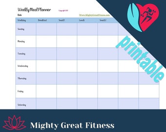 Weekly Meal Planner with snacks, 3 meals 3 snacks, 7 days, meal plan, meal log, food tracker, busy moms, printable