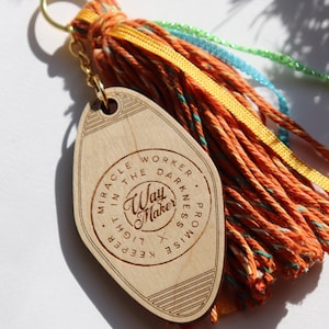 Miracle Worker Wooden Key Chain Large Tassel Jesus Keychain Christian Keychain Bracelets with XL Tassel for Women. Holy Girl Keychain Jesus