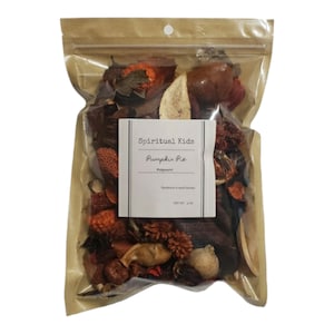 May include: A brown paper bag with a clear plastic window, containing a mix of dried fruit and spices. The bag has a label that reads "Spiritual Kids Pumpkin Pie Potpourri".