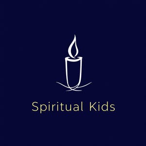 May include: A white line drawing of a candle with a flame on a dark blue background. The text "Spiritual Kids" is written in a yellow font below the candle.