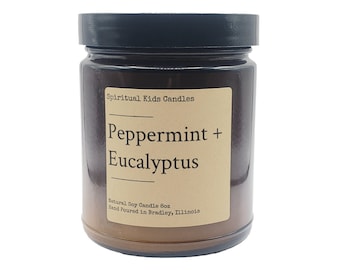 Peppermint & Eucalyptus Soy Candle 8oz 35-40 Hours Hand Poured with All Natural Soy wax and Fragrant/Essential Oils! | Herbal Candle |