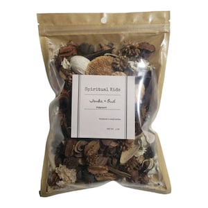 May include: A clear plastic bag filled with dried potpourri. The bag is sealed with a brown paper top and contains a white label that reads "Spiritual Kids" and "Sonka + Bud". The net weight is 4 oz.
