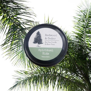 May include: A black and green candle jar with a white label that reads "Redwood & Cedar 8oz Soy Candle 35 Burn Time Spiritual Kids Nature Series".