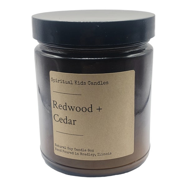 Redwood & Cedar Soy Candle 8oz Hand Poured w Fragrant/Essential Oils! | 35-40 Hour Burn Time | Holiday Candle | Woodsy Candle
