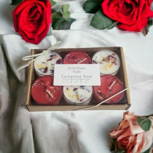 Enchanted Rose Soy Tealights Hand Poured with Fragrant/Essential Oils and Dried Flowers | Floral Scent | Wedding Favors | Red or White |
