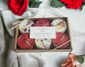 Enchanted Rose Soy Tealights Hand Poured with Fragrant/Essential Oils and Dried Flowers | Floral Scent | Wedding Favors | Red or White |