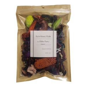 May include: A brown paper bag with a zipper closure contains a mix of dried potpourri. The bag has a label that reads "Spiritual Kids, witche's brew, Potpourri, Handmade in small batches, Net Wt. 4 oz."