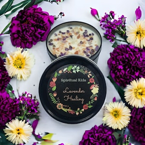 Lavender Healing Soy Candle 8oz With Amethyst Crystals & Himalayan Salt Soy Wax/Essential Oils: Protection, Healing and Purification