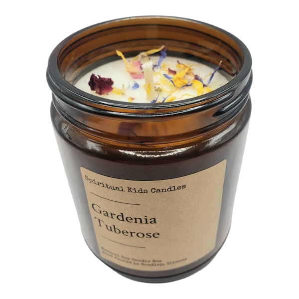 Gardenia Tuberose Soy  Candle 8oz 35-40 Hours Hand Poured with All Natural Soy Wax and Fragrant/Essential Oils With Dried Flowers | Floral