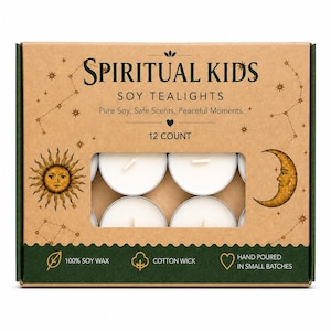 May include: A rectangular cardboard box containing 12 white soy tealights. The box features the text SPIRITUAL KIDS, SOY TEALIGHTS, 12 COUNT, and Pure Soy, Safe Scents, Peaceful Moments. Illustrations include a sun, moon, and stars.
