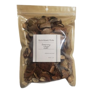 May include: A clear plastic bag filled with dried botanicals. The bag has a brown paper backing and a zip closure. A white label reads "Spiritual Kids Rosemary + Sage" with "NET WT. 4 oz" at the bottom.