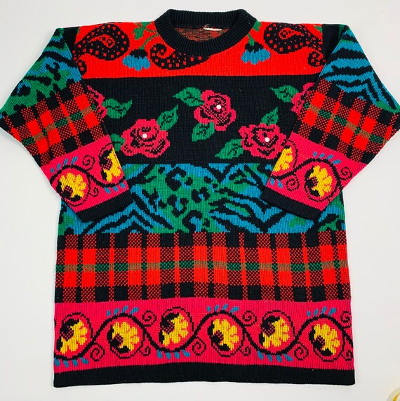 VTG 90s Womens Medium Mixed Print Abstract Pullove