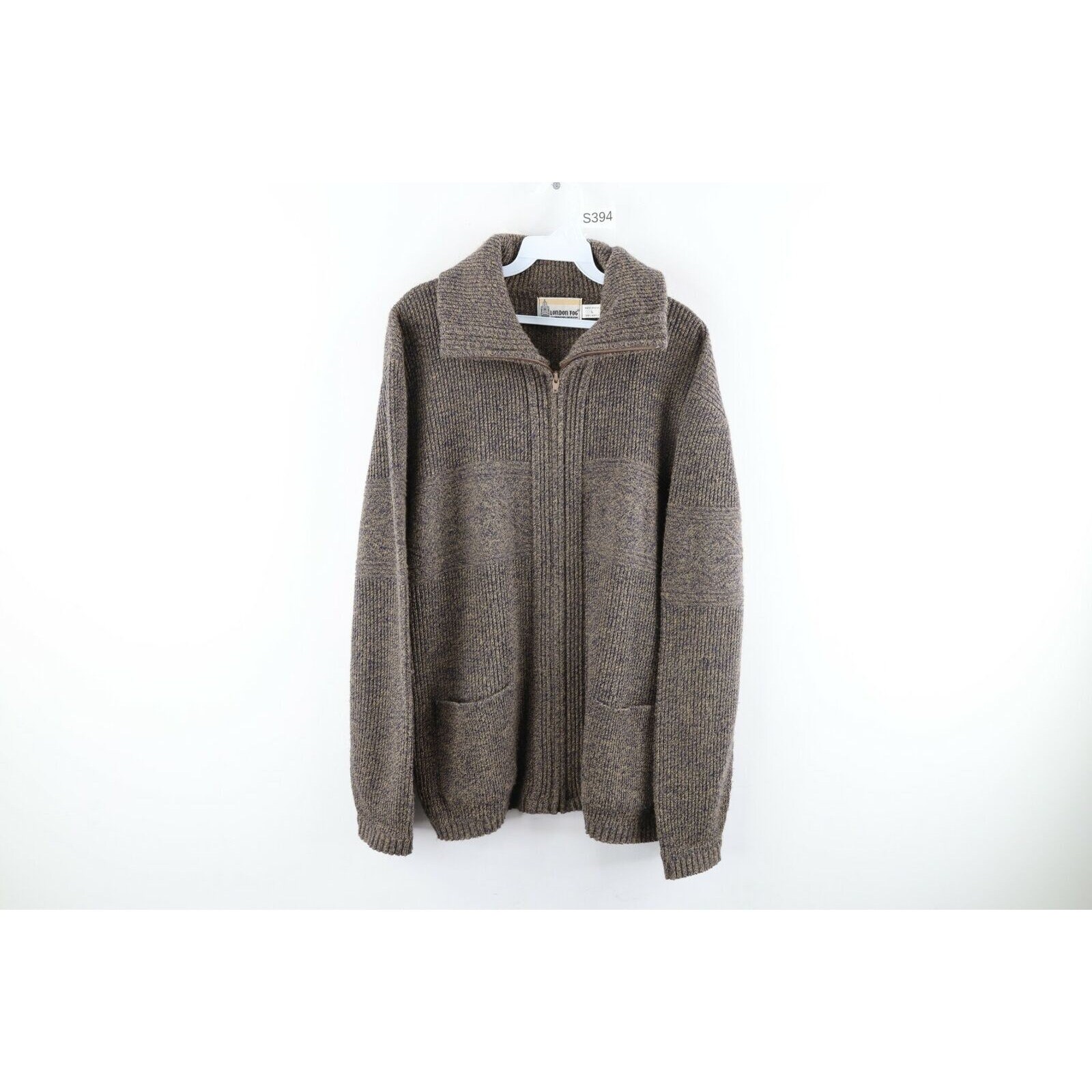 GlassCityReclaimed 90s Rockabilly Mens L Ribbed Knit Full Zip Cardigan Sweater Heather Brown, Rockabilly Ribbed Knit Cardigan Sweater, Mens Full Zip Sweater