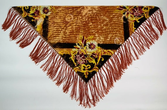 Vintage Floral Velvet Fringe Piano Shawl, Vintage