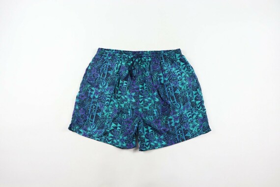 90s Mens Large Abstract Floral Print Lined Swimmin