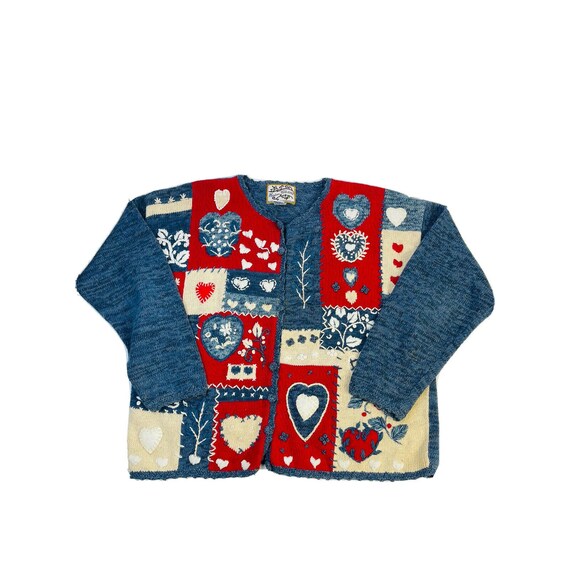 GlassCityReclaimed 90s Womens Large Patchwork Knit Hearts Valentine's Cardigan Sweater, 1990s Valentines Day Cardigan Sweater, Vintage Hearts Sweater