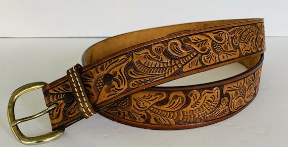 Vintage Tooled Leather Belt, Vintage Embossed Leat
