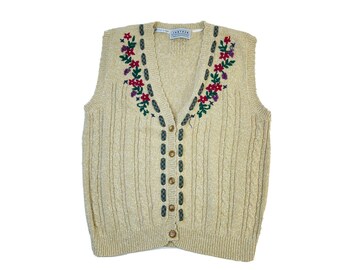 GlassCityReclaimed 90s Streetwear Womens Large Floral Stitched Cable Knit Cardigan Sweater Vest, Vtg Button Sweater Vest, 90s Womens Sweater Vest,