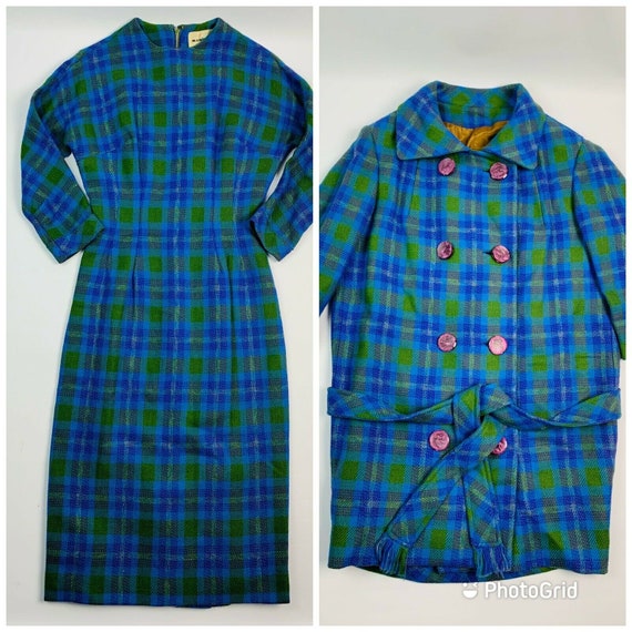 Vintage 1940s Wool Plaid 2 Piece Dress with Jacket