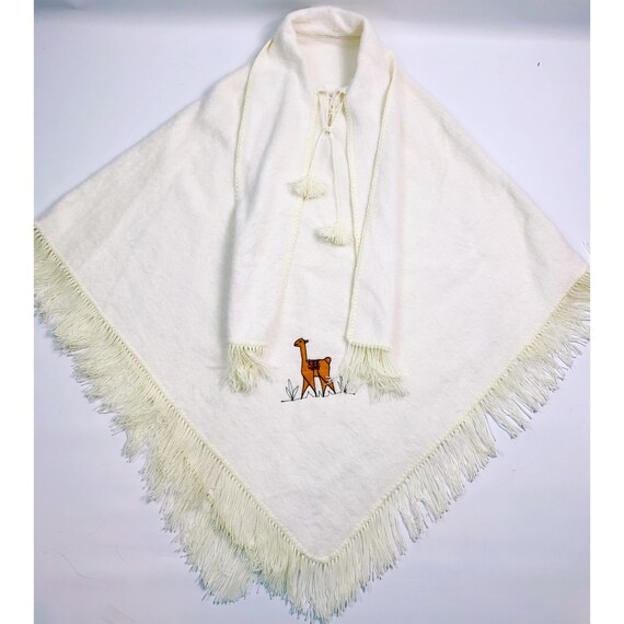 VTG 70s Boho Fringe Poncho Sweater Cape Ivory Alpa