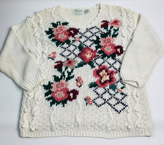 VTG 90s womens large hand knit floral Pom sweater,