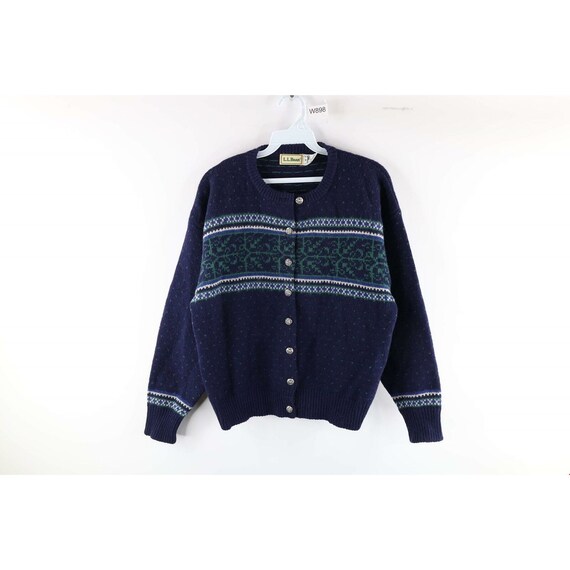 Vintage L.L. BEAN 1/4 button cotton fair isle Nordic granny sweater blue M Women
