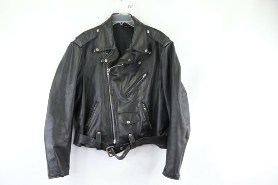 80s Mens Large Belted Distressed Leather Motorcycl
