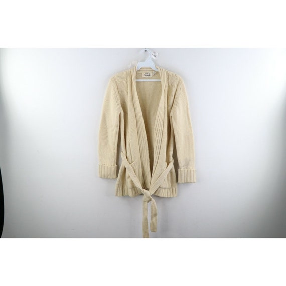 GlassCityReclaimed 70s Macys Womens Small Wool Cable Knit Belted Cardigan Sweater Tan Beige, 1970s Belted Cardigan Sweater, Womens Wool Sweater, 1970s Cardigan