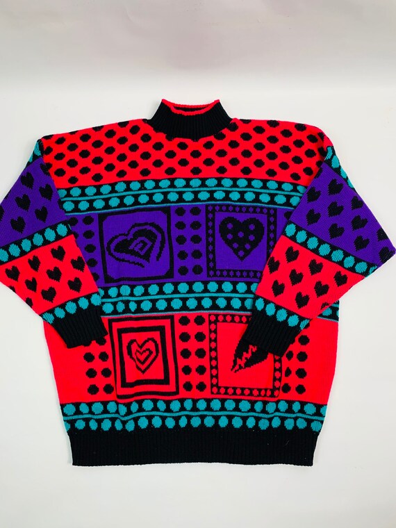 VTG 90s Womens Medium Neon Hearts Valentine’s Day